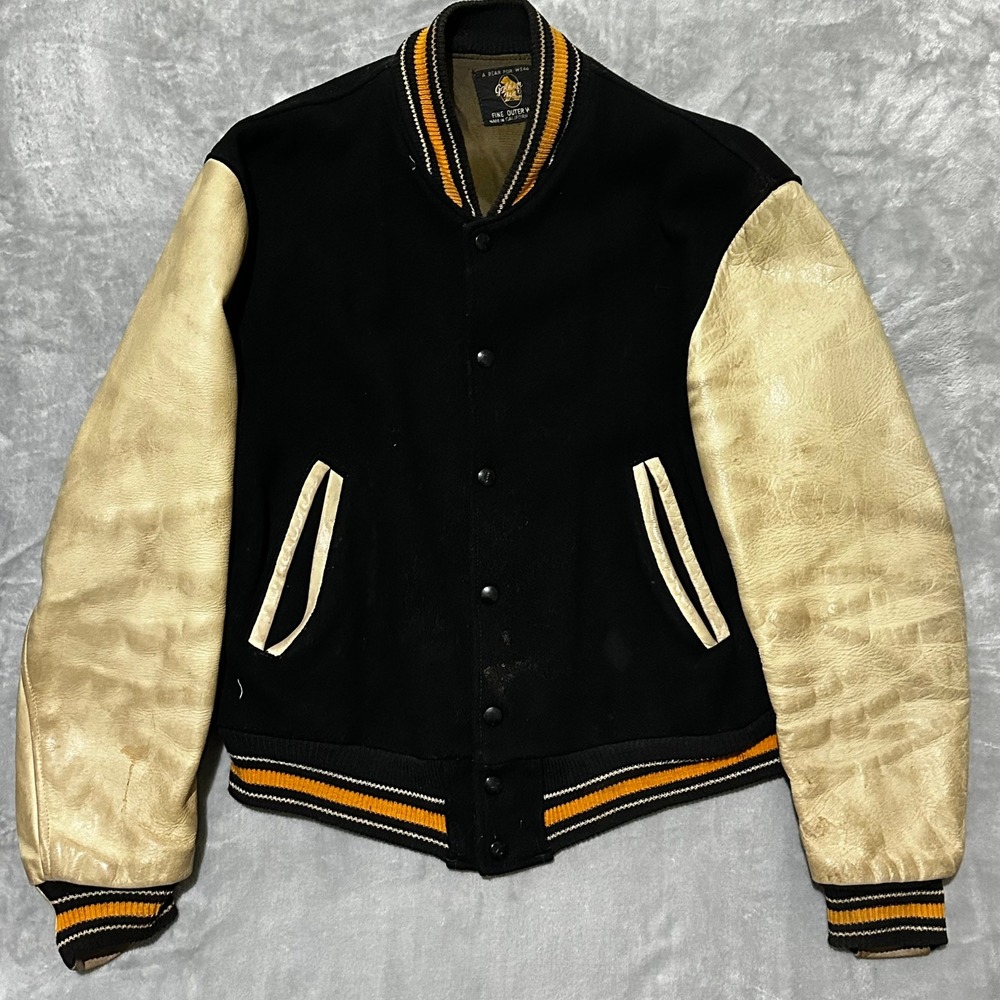 1960s Golden Bear Varsity Jacket Wool Leather Sleeves Black Gold Chain Stitch
